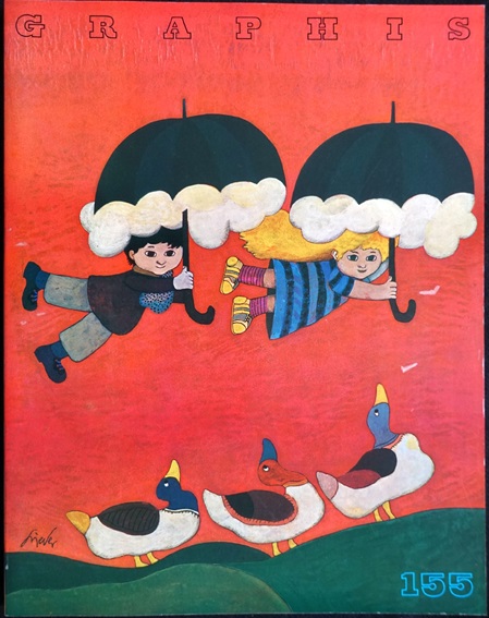 Walter Grieder Titelbild für Graphis, Illustration Fliegende Kinder mit Regenschrimwolken