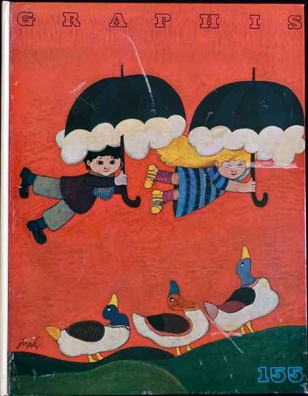 Walter Grieder Titelbild für Graphis, Illustration Fliegende Kinder mit Regenschrimwolken