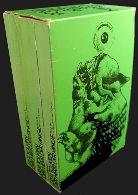 Bücherkassette /Schuber mit drei büchern drin, neon-grpn mit zeichnungen darauf von Heinz Edelmann, Grafiker, Designer, Filmemacher, Gestalter 1934-2009