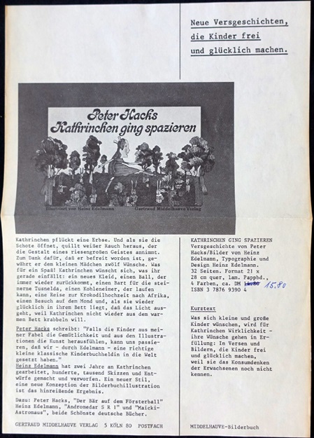 Heinz Edelmann Verlagsbeilage Text zu Heinz Edelmann und Peter Hacks: "Kathrinchen ging spazieren", 1973