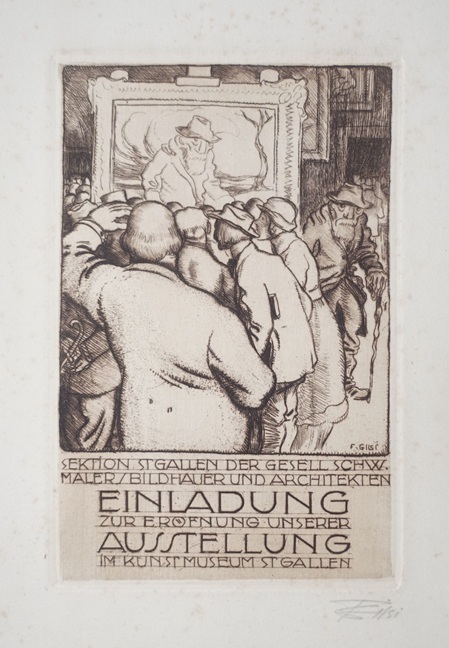 radierung von einer gruppe von Leuten, welche vor einem BIld stehen