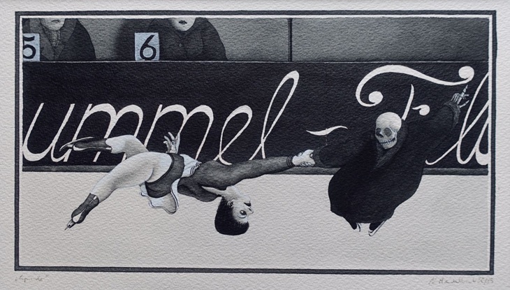 Schwarz-weiss-Aquarell-Gemälde des Künstlers Nikolaus Heidelbach zeigt eine Eiskunstläuferin, welche von einer Figur mit Skelett-Schäde (symbolisiert den Tod) weggeschleift wird