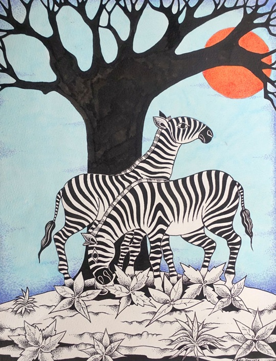 aquarellzeichnung des tansanischen Künstlers Francis Patrick Imanjama, zwei zebras vor einem baum vermutlich baobab, hinter welchem die Sonne oder der mond steht