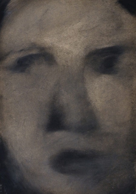 abstrahierte vollformatige darstellung eines gesichtes in grau-schattierungen vom Schweizer künstler josef felix müller