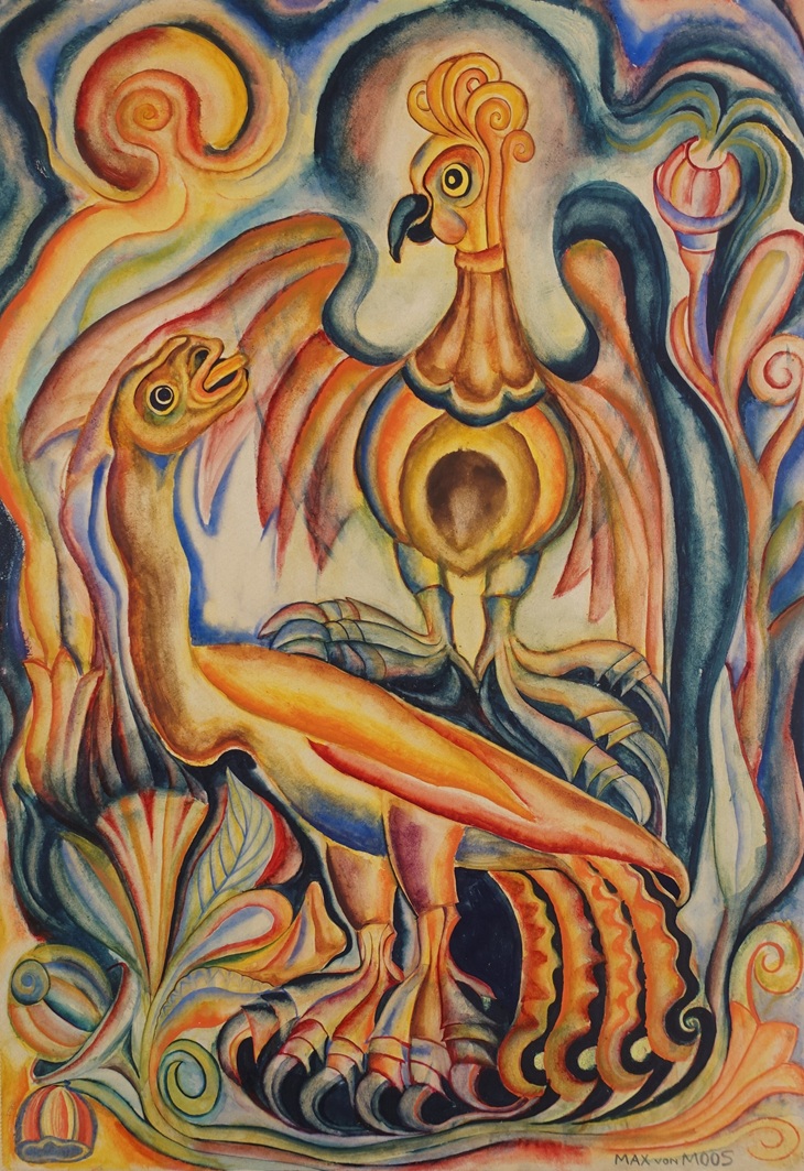 expressionistisches frühwerk des schweizer surrealisten max von moos zeigt zwei bunte vogelartige fabelwesen mit grossen zehen und umgeben von orientalisch anmutenden mustern