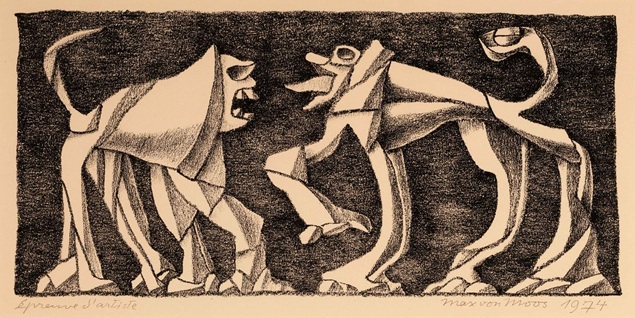 max von moos lithographie schwarz-weiss zwei kreaturen stehen sich gegenüber