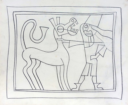 bleisift skizze eines eines menschen mit hut und einer pferdefigur von max von moos