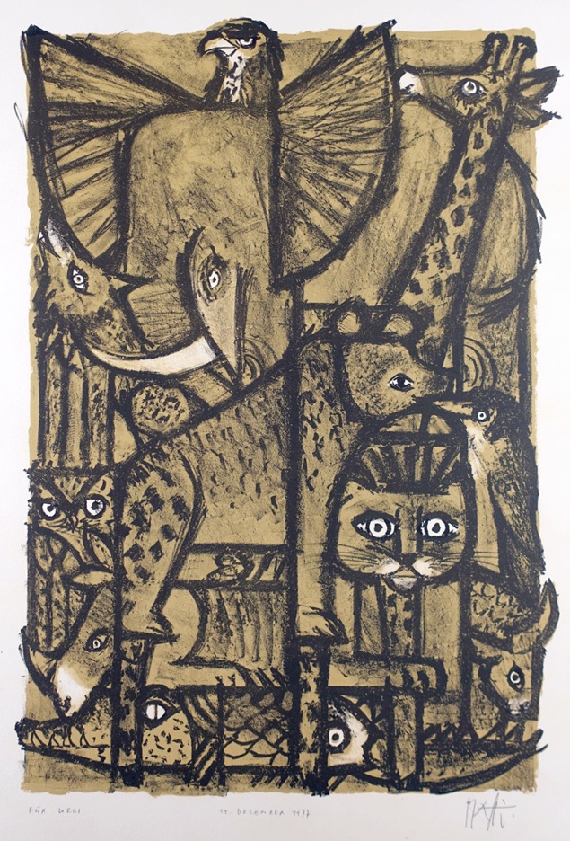 Zeichnung des schweizer künstlers celestino piatti zeigt eine art wimmelbild von verschiedensten tieren (Elefant, Giraffe, Adler, Krokodil, Eule, Wolf u.a.), welche ineinandergeschachtelt sind. das bild ist in grünbrauntönen gehalten mit schwarzen konturen.