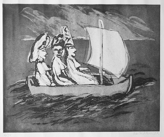 lithographie von edith schindler drei frauen in einem segelboot