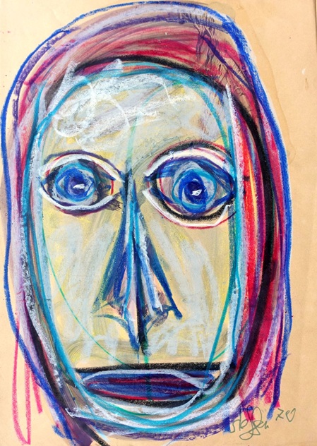Walter Arnold WA Steffen Maler Zeichner Art Brut frontaler Kopf fettkreide rot-blau langes haar traurige augen