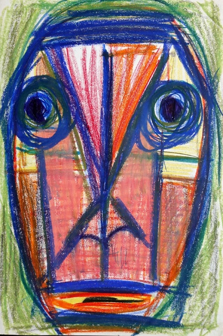 Walter Arnold WA Steffen Maler Zeichner Art Brut frontaler Kopf fettkreide kubistisch bunt
