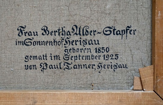 Hanschriftliche Frakturschrift verso auf Gmälde von Paul Tanner