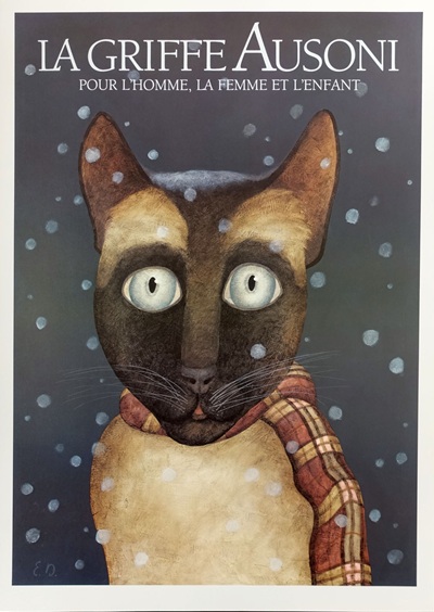 Illustration, Plakat des schweizer Malers und zeichners Etienne Delessert zeigt eine noble Siam-Katze mit einem schal in leichtem Schneegestöber, es ist ein werbeplakat für die modeboutique la griffe ausoni in lausanne