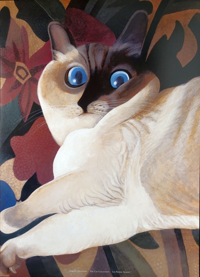 Illustration, Plakat des schweizer Malers und zeichners Etienne Delessert zeigt eine noble Siam-Katze welche sich auf einem bunten stoff räkelt, es ist ein werbeplakat für die modeboutique la griffe ausoni in lausanne