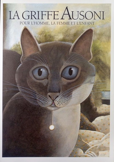Illustration, Plakat des schweizer Malers und zeichners Etienne Delessert zeigt eine noble Katze mit einer halskette, es ist ein werbeplakat für die modeboutique la griffe ausoni in lausanne