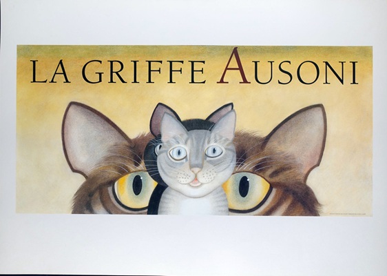 Illustration, Plakat des schweizer Malers und zeichners Etienne Delessert zeigt zwei kleine, junge Katzen direkt hintereinander aufgereiht vor einer gröseseren Katze mit grossen gelben augen, es ist ein werbeplakat für die modeboutique la griffe ausoni in lausanne