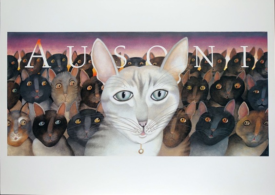 Illustration, Plakat des schweizer Malers und zeichners Etienne Delessert zeigt eine helle siamkatze mit einer halskette vor einer grossen menge von dunklen siamkatzen, es ist ein werbeplakat für die modeboutique la griffe ausoni in lausanne