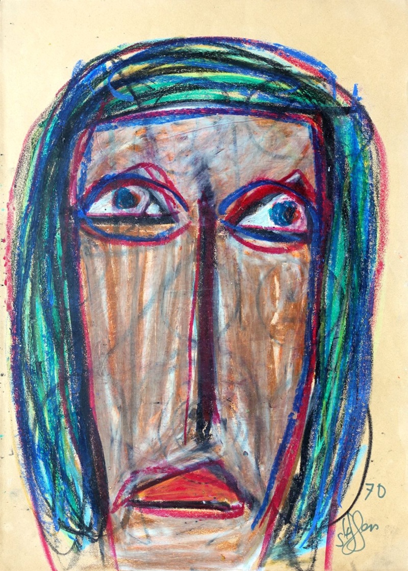 Walter Arnold WA Steffen Maler Zeichner Art Brut frontaler Kopf fettkreide blau-grünes langes haar traurige augen