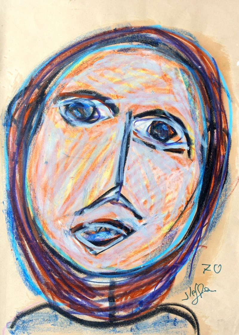 Walter Arnold WA Steffen Maler Zeichner Art Brut frontaler Kopf fettkreide runder kopf wilde Strichführung
