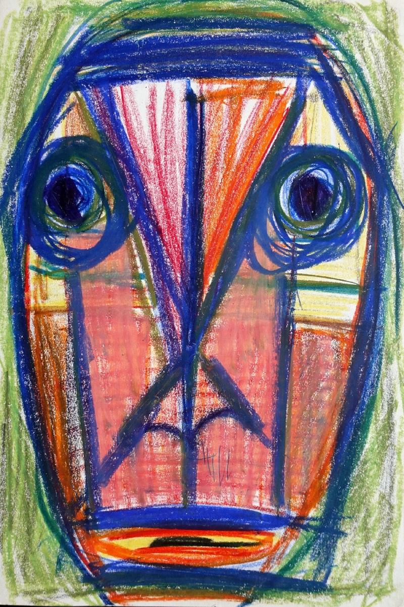 Walter Arnold WA Steffen Maler Zeichner Art Brut frontaler Kopf fettkreide kubistisch bunt