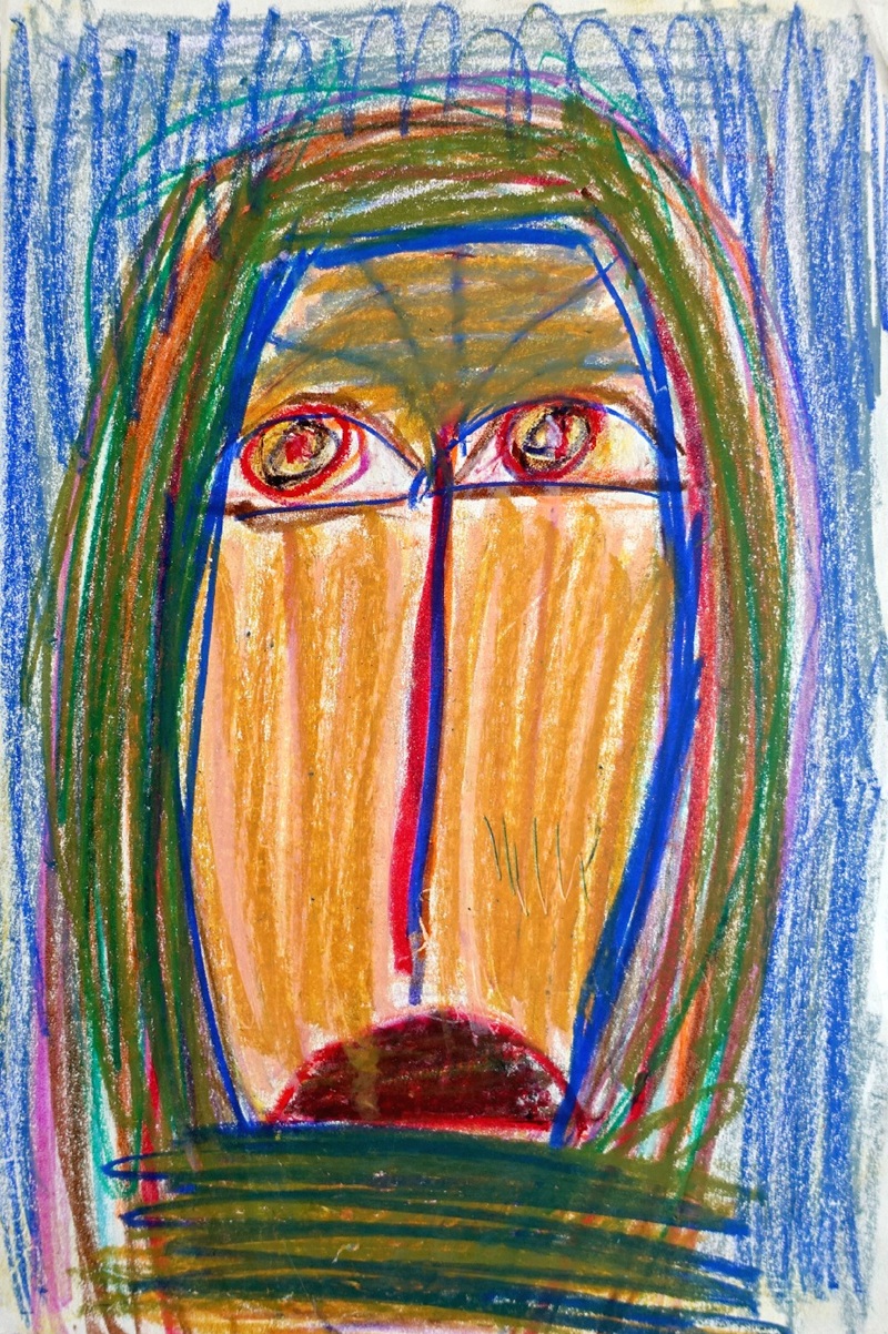 Walter Arnold WA Steffen Maler Zeichner Art Brut frontaler Kopf fettkreide grünes langes haar traurige augen blauer Hintergrund