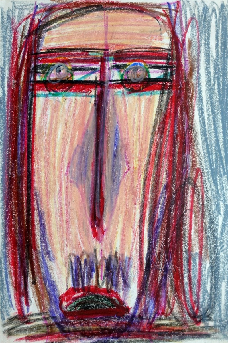 Walter Arnold WA Steffen Maler Zeichner Art Brut frontaler Kopf fettkreide rotes langes haar traurige augen
